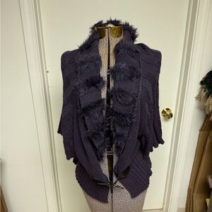 Roxy Knit Cardigan Sweater Faux Fur Collar Purple Size L Boho